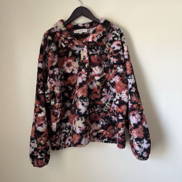 LOFT Floral Sherpa Snap Collar Blouson Sleeve Jacket- Med. Cottagecore Boho - Picture 2 of 7